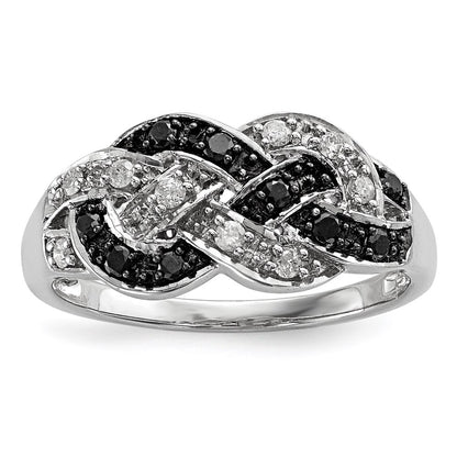 Sterling Silver White Night Rhodium Plated Black And Diamond Intertwined Ring