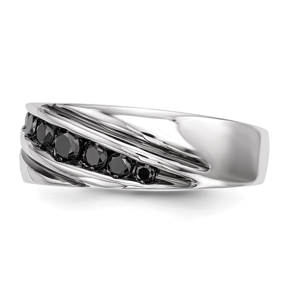 Sterling Silver White Night Rhodium Plated Black Diamond Men'S Band Ring