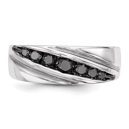 Sterling Silver White Night Rhodium Plated Black Diamond Men'S Band Ring