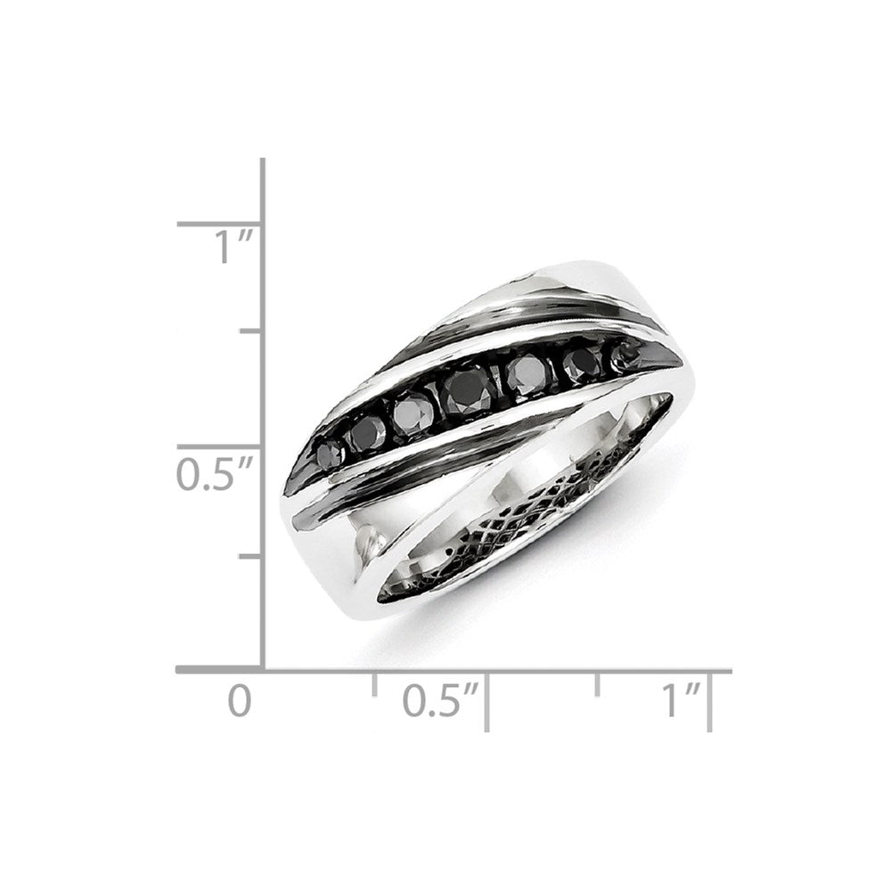 Sterling Silver White Night Rhodium Plated Black Diamond Men'S Band Ring