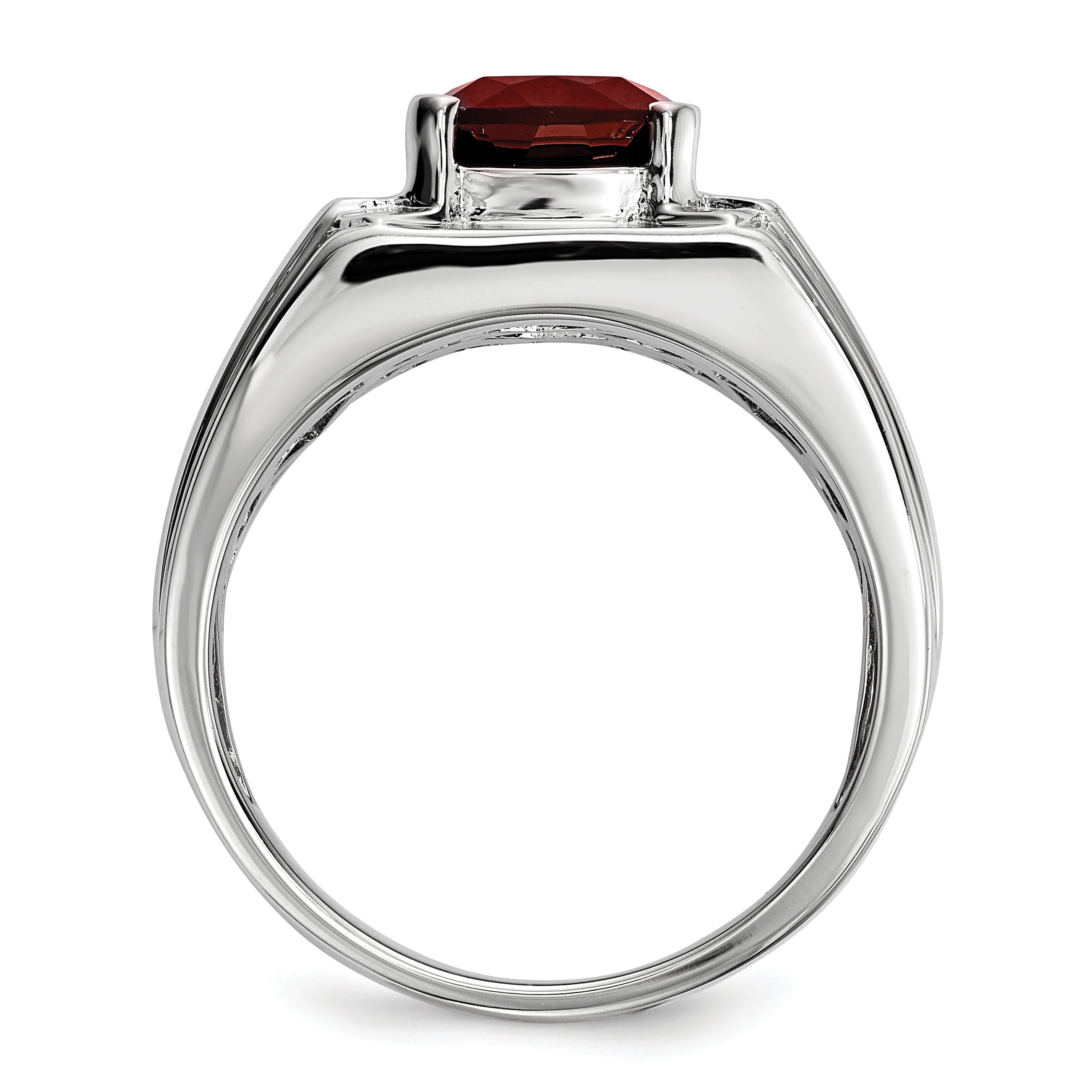 Sterling Silver White Night Rhodium Plated Garnet And Diamond Square Men'S Ring