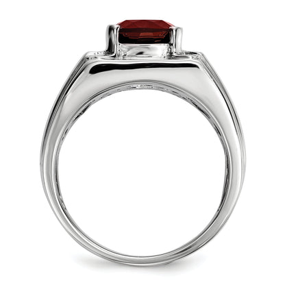 Sterling Silver White Night Rhodium Plated Garnet And Diamond Square Men'S Ring