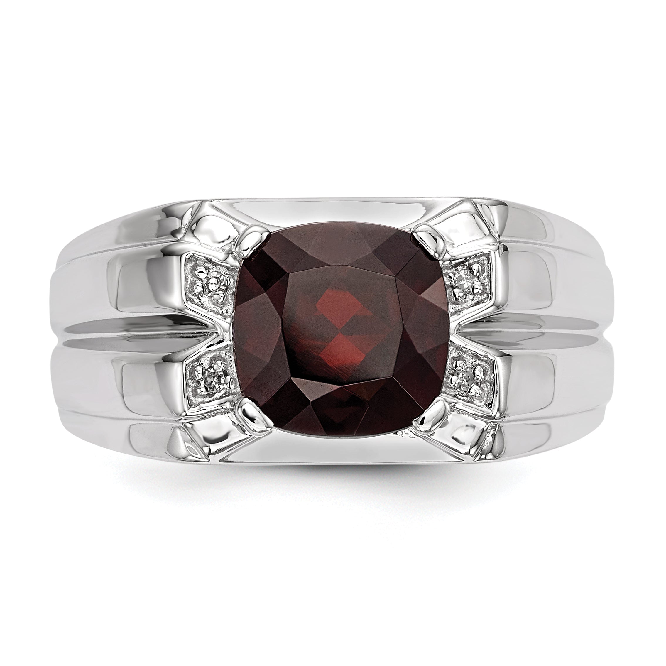 Sterling Silver White Night Rhodium Plated Garnet And Diamond Square Men'S Ring