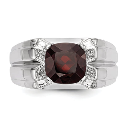 Sterling Silver White Night Rhodium Plated Garnet And Diamond Square Men'S Ring