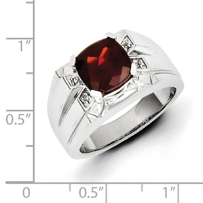 Sterling Silver White Night Rhodium Plated Garnet And Diamond Square Men'S Ring