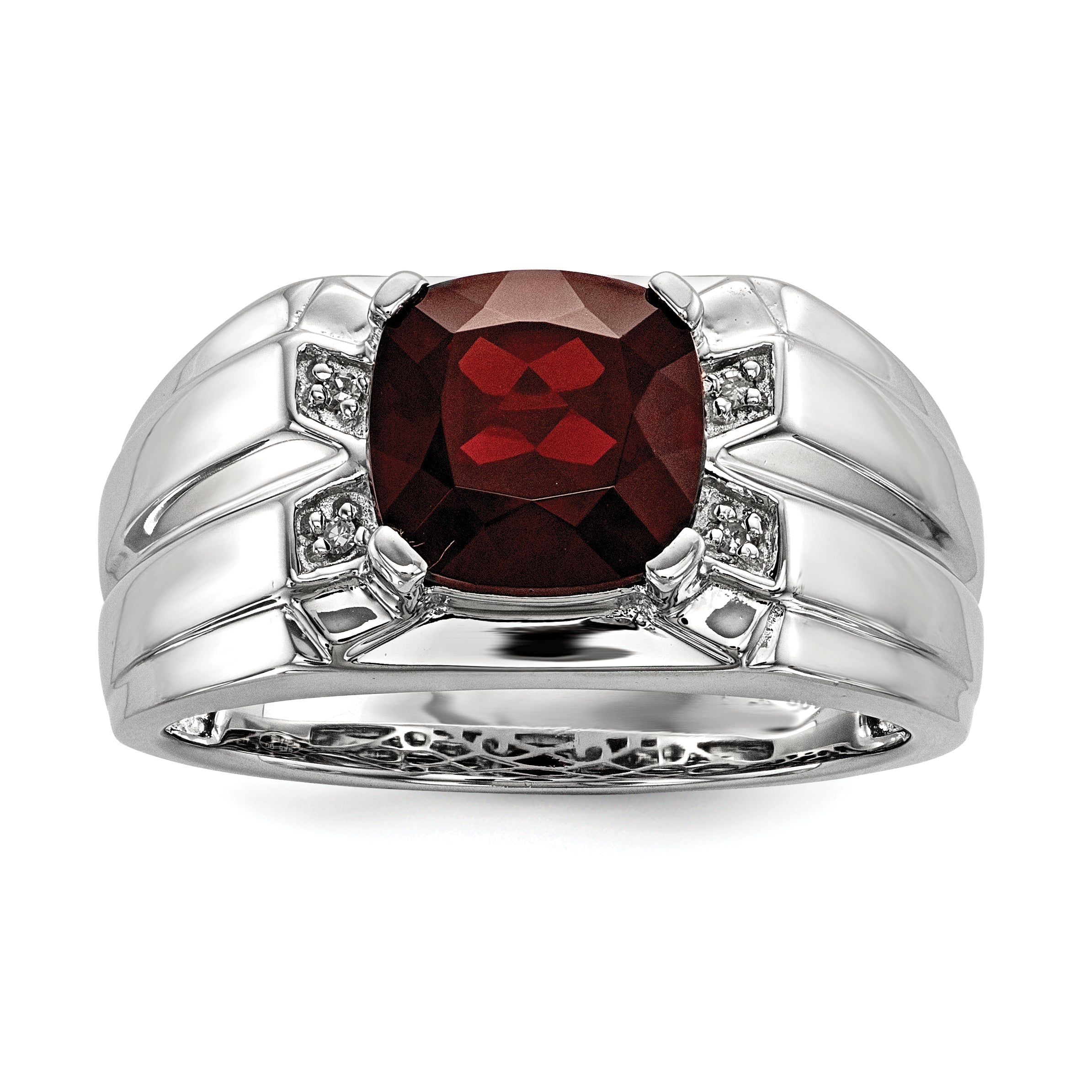 Sterling Silver White Night Rhodium Plated Garnet And Diamond Square Men'S Ring