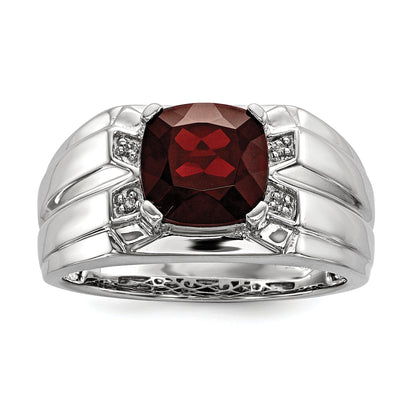 Sterling Silver White Night Rhodium Plated Garnet And Diamond Square Men'S Ring