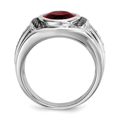 Sterling Silver White Night Black Rhodium Plated Garnet And Diamond Oval Men'S Ring