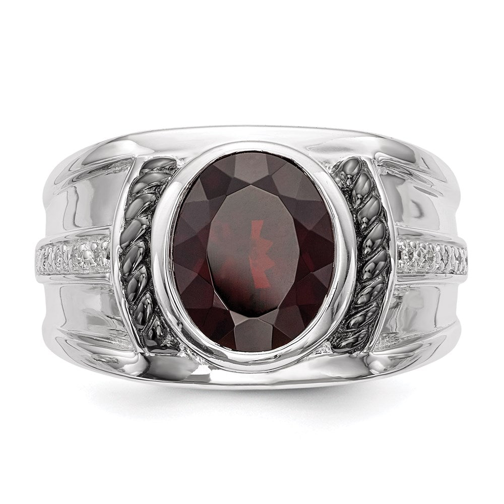 Sterling Silver White Night Black Rhodium Plated Garnet And Diamond Oval Men'S Ring