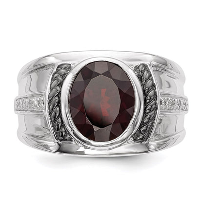 Sterling Silver White Night Black Rhodium Plated Garnet And Diamond Oval Men'S Ring