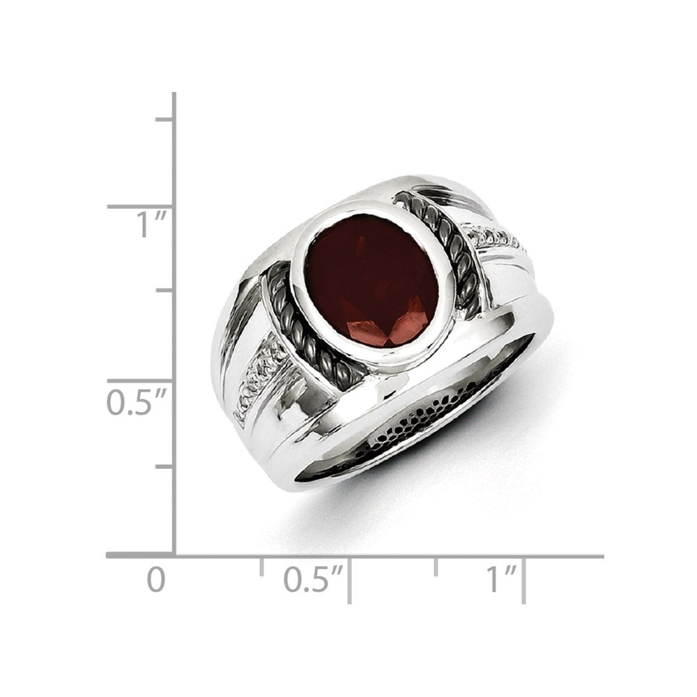 Sterling Silver White Night Black Rhodium Plated Garnet And Diamond Oval Men'S Ring