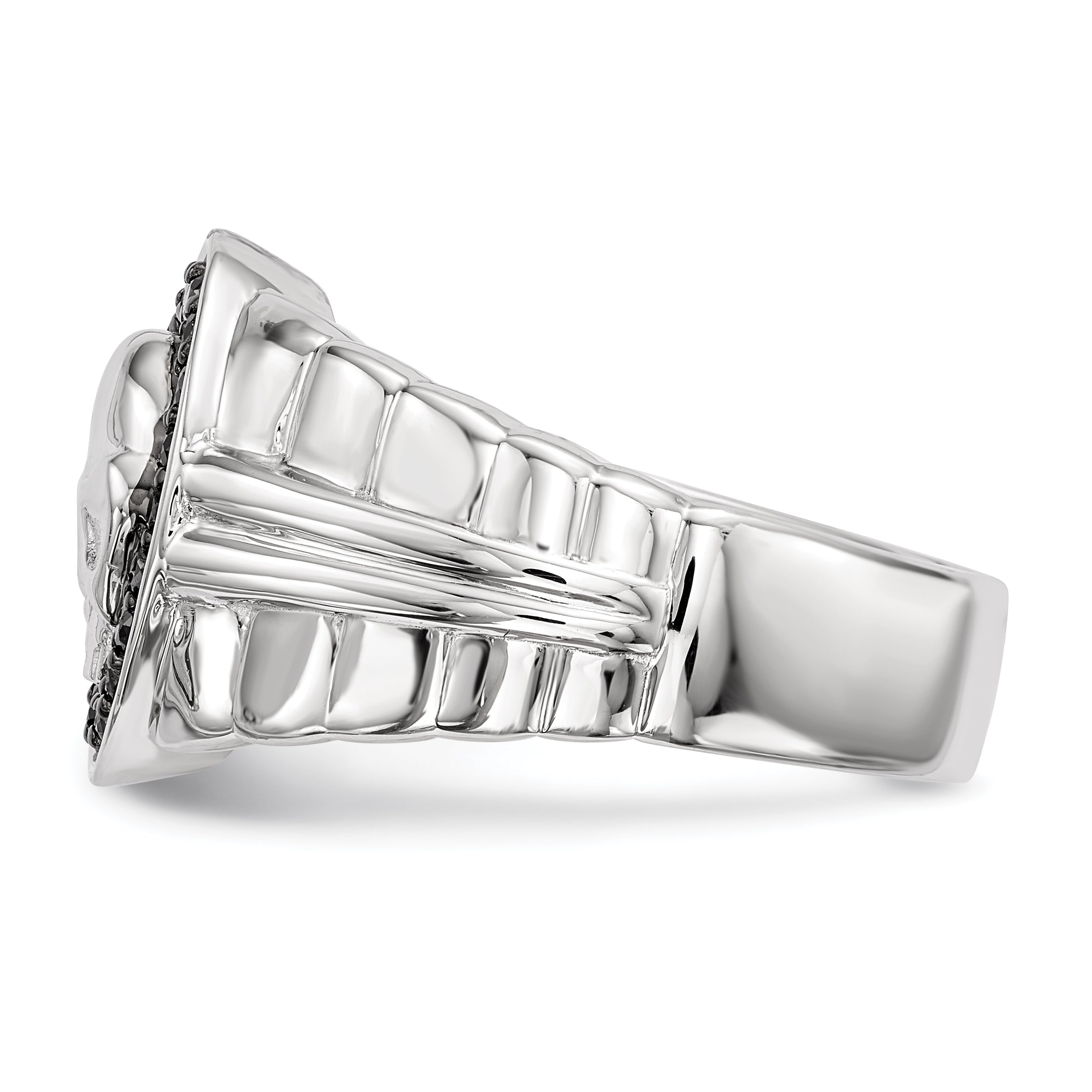 Sterling Silver White Night Rhodium Plated Black Diamond Oval Skull Men'S Ring