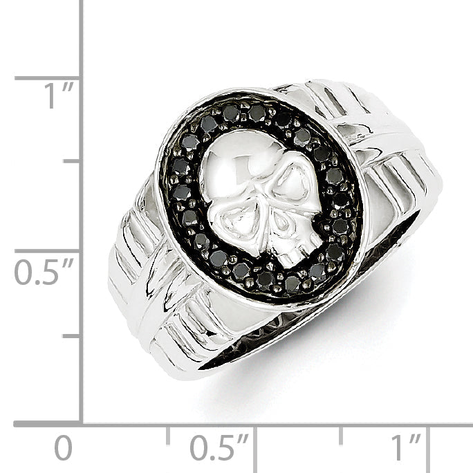 Sterling Silver White Night Rhodium Plated Black Diamond Oval Skull Men'S Ring