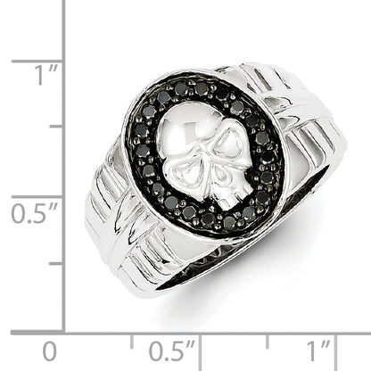 Sterling Silver White Night Rhodium Plated Black Diamond Oval Skull Men'S Ring