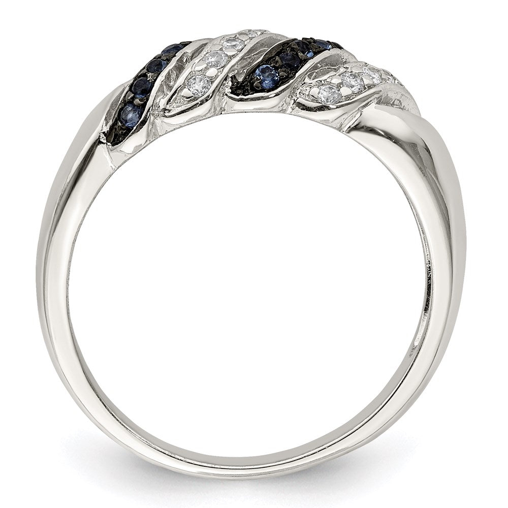 Sterling Silver Rhodium Plated Polished Cz & Blue Glass Stone Ring