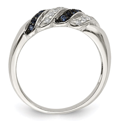 Sterling Silver Rhodium Plated Polished Cz & Blue Glass Stone Ring