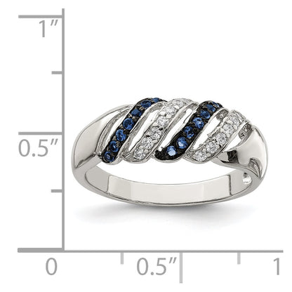 Sterling Silver Rhodium Plated Polished Cz & Blue Glass Stone Ring