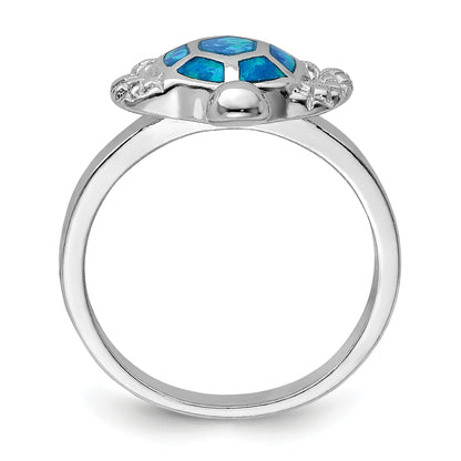 Sterling Silver Rhodium Plated Created Blue Opal Turtle Ring