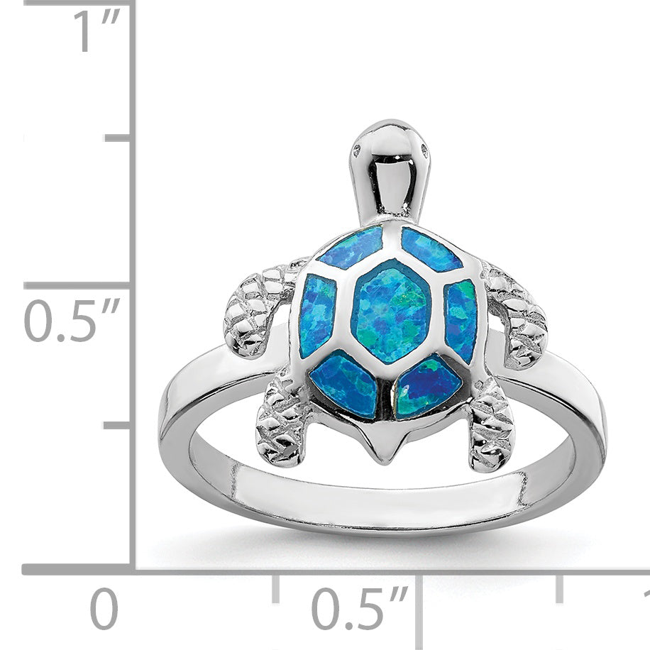 Sterling Silver Rhodium Plated Created Blue Opal Turtle Ring
