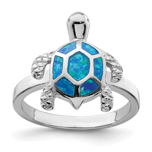Sterling Silver Rhodium Plated Created Blue Opal Turtle Ring