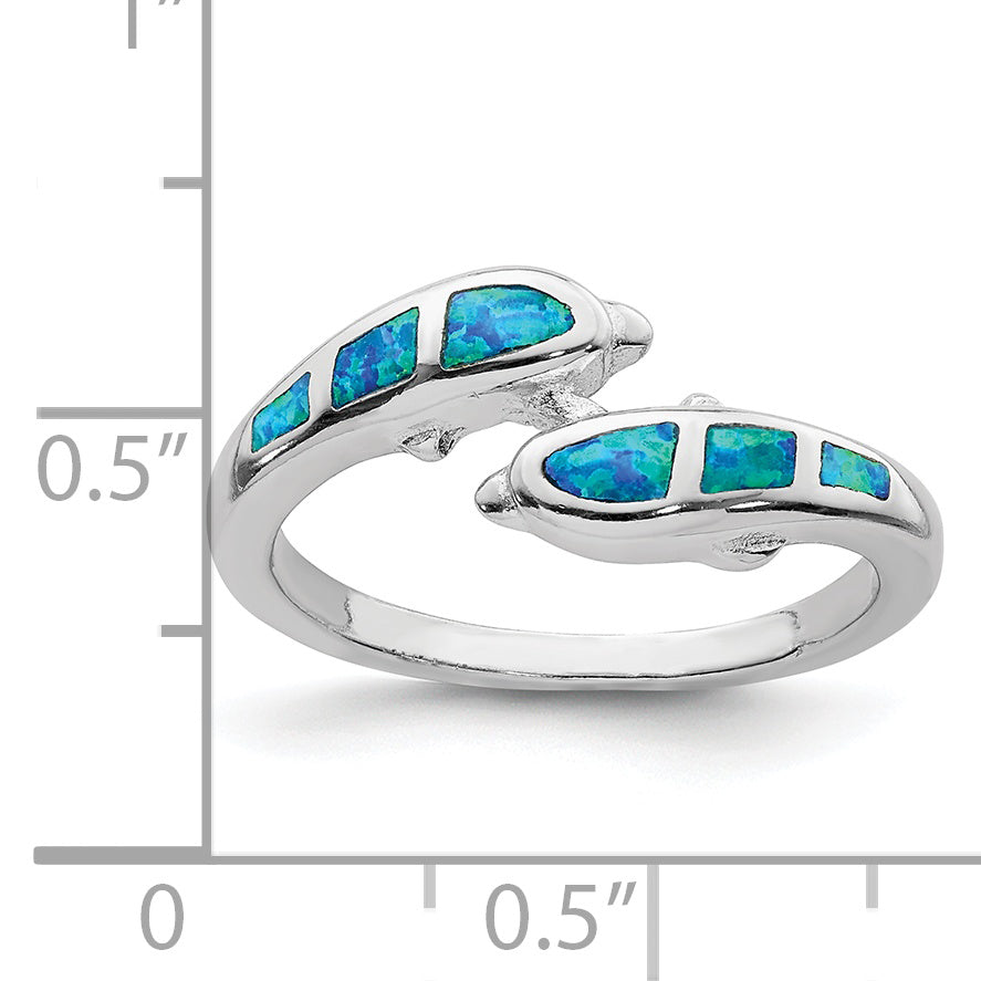 Sterling Silver Rhodium Plated Created Blue Opal Dolphins Ring