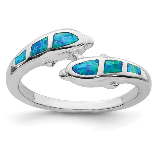 Sterling Silver Rhodium Plated Created Blue Opal Dolphins Ring