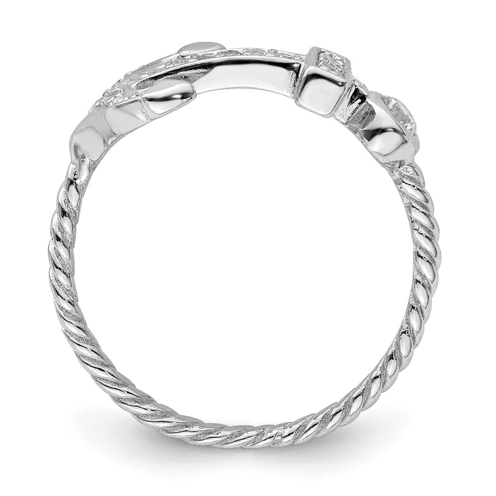 Sterling Silver Rhodium Plated Polished And Textured Cz Anchor Ring