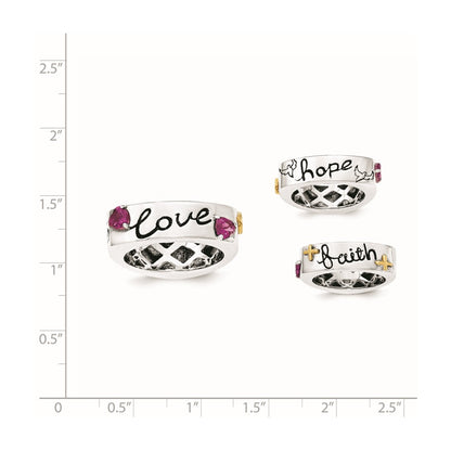 14K/Silver Two Tone Sterling Silver 14K Rhodolite Garnet Faith Hope Love Ring (Size 8 Only)