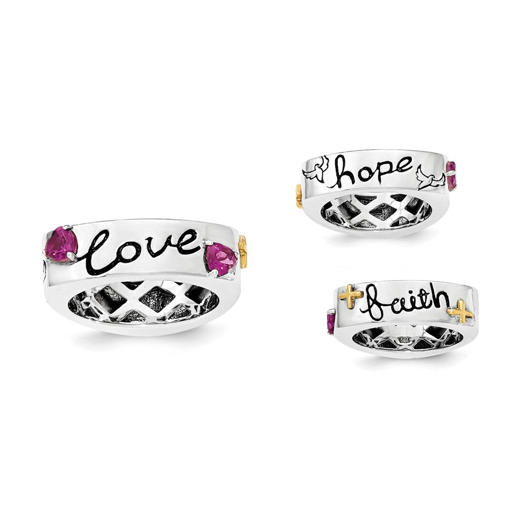 14K/Silver Two Tone Sterling Silver 14K Rhodolite Garnet Faith Hope Love Ring (Size 8 Only)