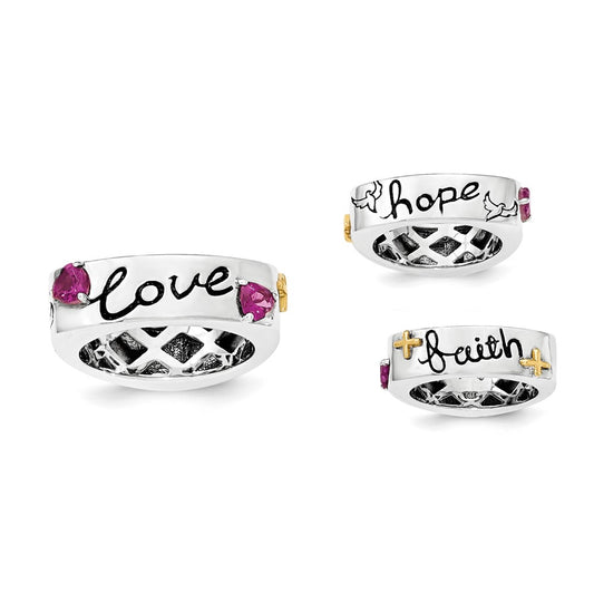 14K/Silver Two Tone Sterling Silver 14K Rhodolite Garnet Faith Hope Love Ring (Size 8 Only)