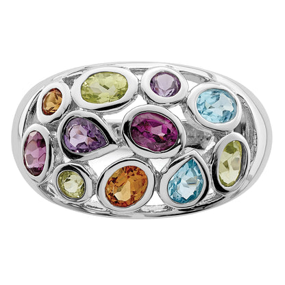 Sterling Silver Rhodium Plated Multi Gemstone Ring