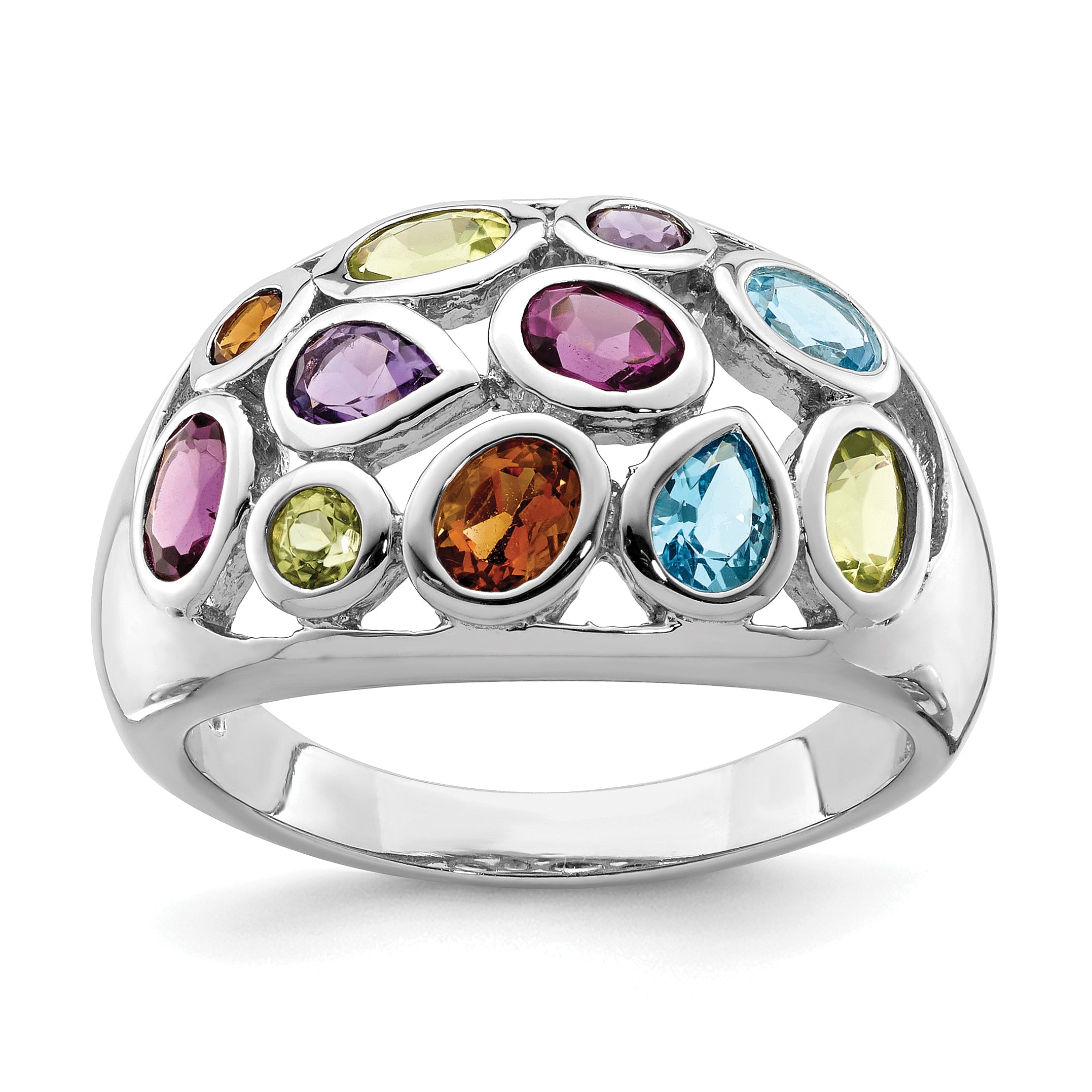 Sterling Silver Rhodium Plated Multi Gemstone Ring