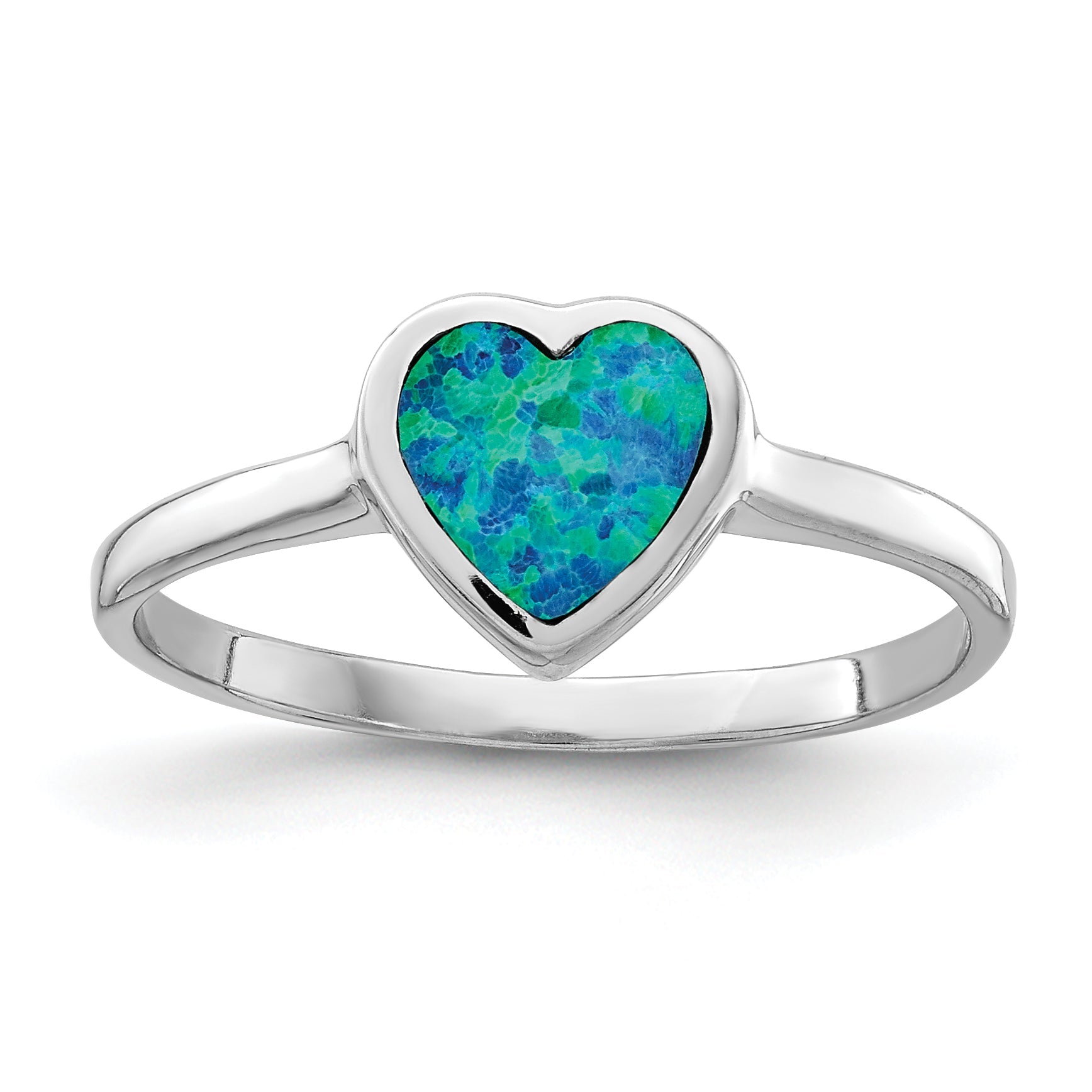 Sterling Silver Rhodium Plated Polished Heart Synthetic Opal Ring