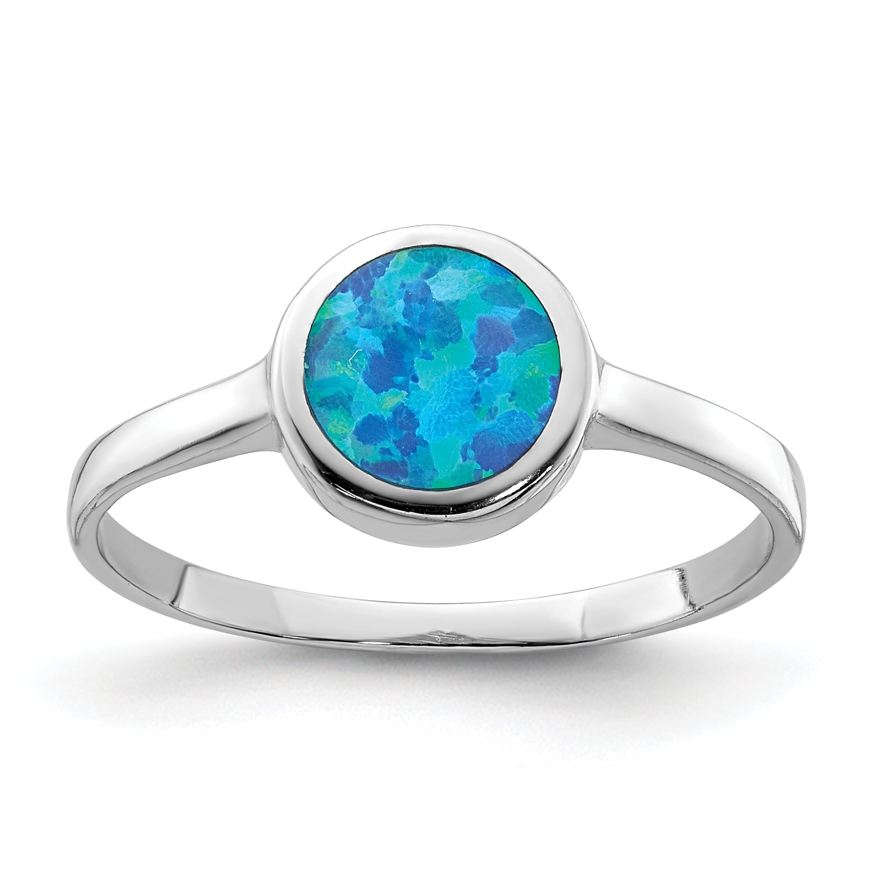 Sterling Silver Rhodium Plated Polished Round Synthetic Opal Ring