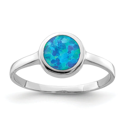 Sterling Silver Rhodium Plated Polished Round Synthetic Opal Ring