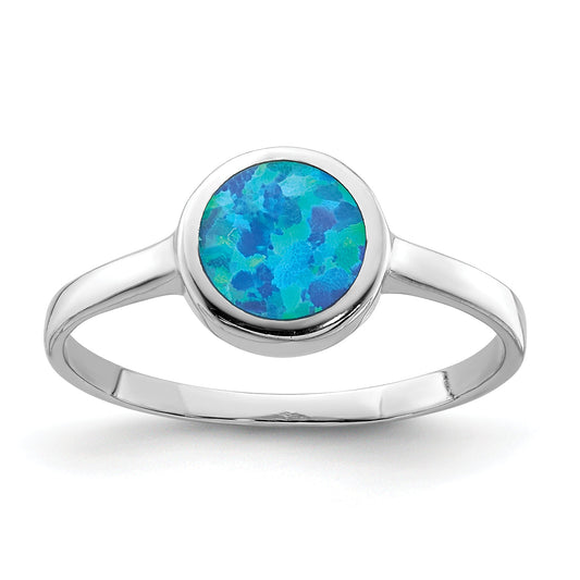 Sterling Silver Rhodium Plated Polished Round Synthetic Opal Ring