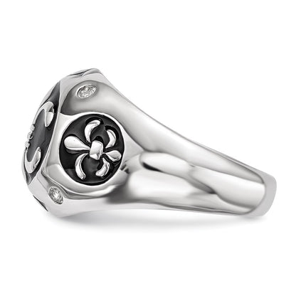 Sterling Silver Rhodium Plated Polished White Topaz Fleur De Lis Ring