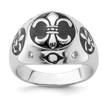 Sterling Silver Rhodium Plated Polished White Topaz Fleur De Lis Ring