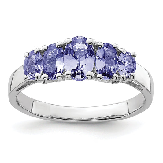 Sterling Silver Rhodium 5 Stone Oval Tanzanite Ring