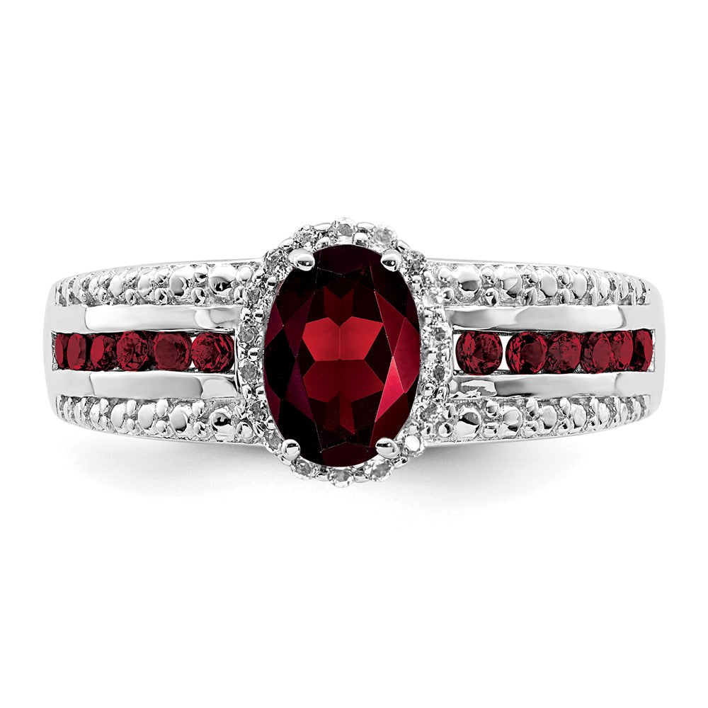 Sterling Silver Rhodium Plated Garnet And White Topaz Ring