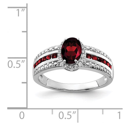 Sterling Silver Rhodium Plated Garnet And White Topaz Ring