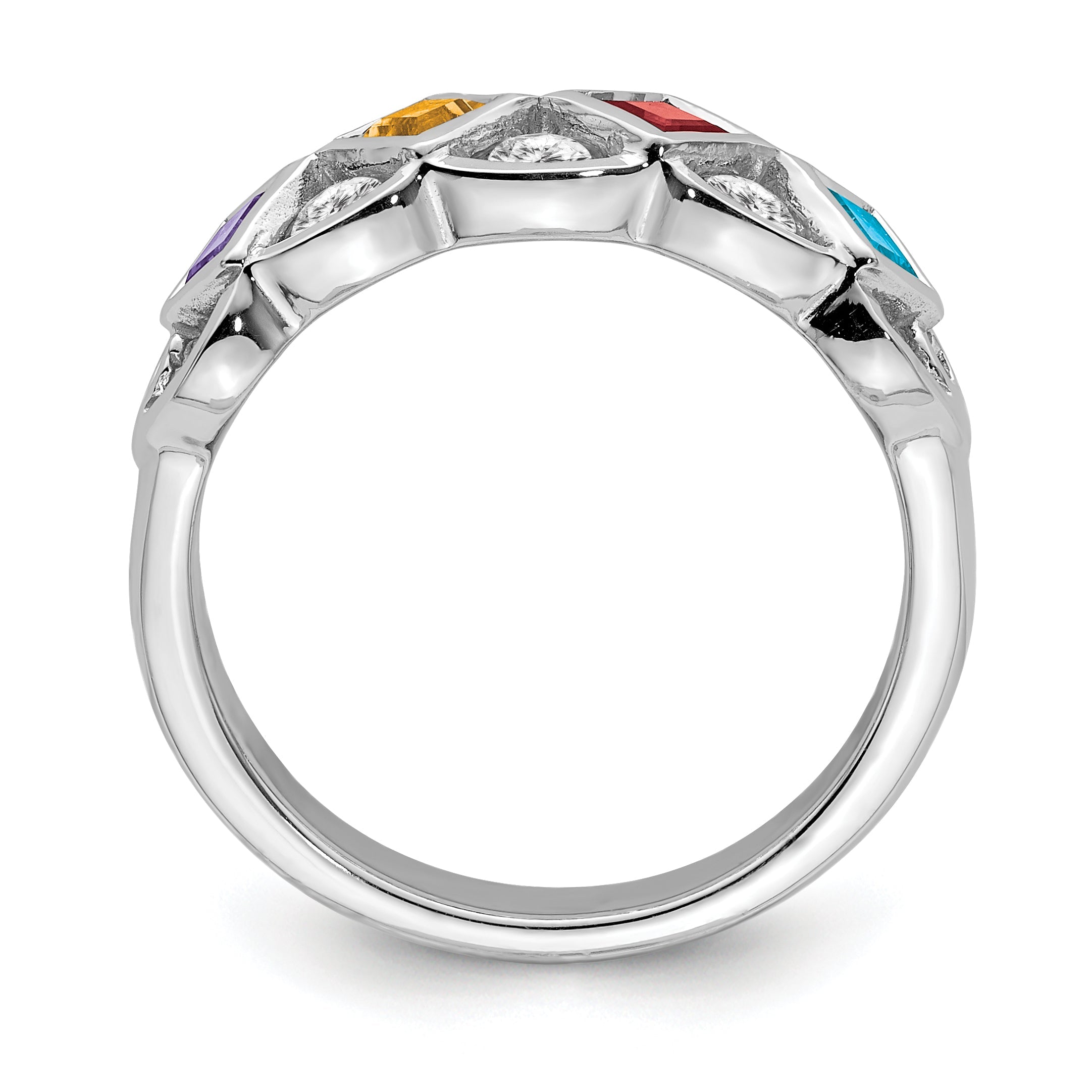 Sterling Silver Ss Rhodium Plated Cz, Amethyst, Citrine, Garnet & Blue Topaz Ring