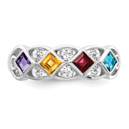 Sterling Silver Ss Rhodium Plated Cz, Amethyst, Citrine, Garnet & Blue Topaz Ring