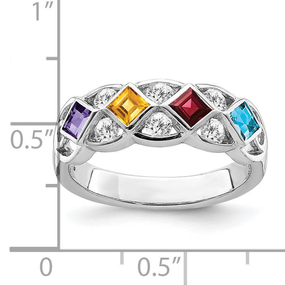 Sterling Silver Ss Rhodium Plated Cz, Amethyst, Citrine, Garnet & Blue Topaz Ring