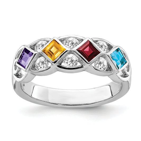 Sterling Silver Ss Rhodium Plated Cz, Amethyst, Citrine, Garnet & Blue Topaz Ring