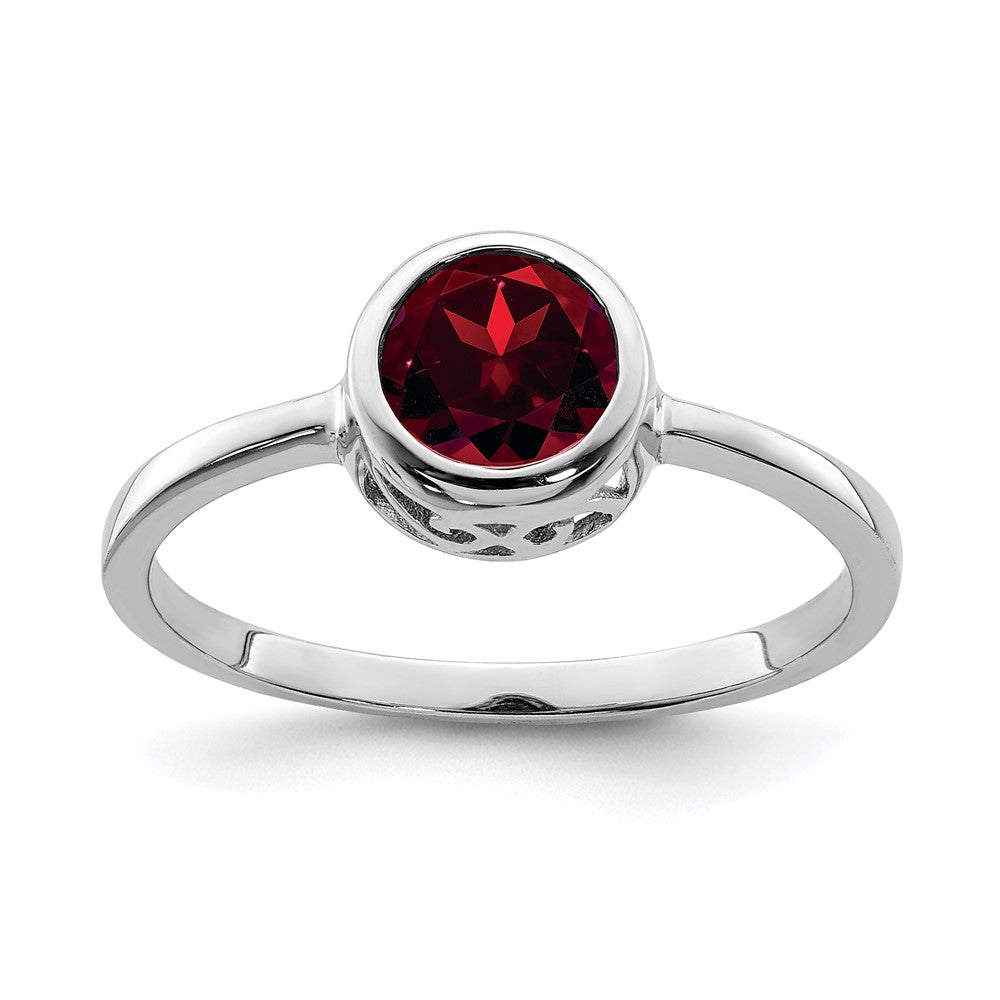 Sterling Silver Rhodium Plated Polished Garnet Round Ring