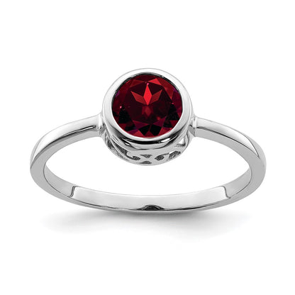 Sterling Silver Rhodium Plated Polished Garnet Round Ring