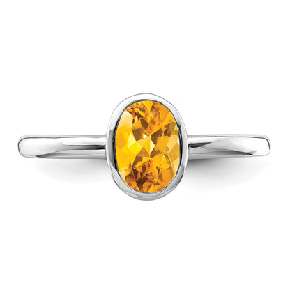 Sterling Silver Rhodium Plated Polished Citrine Oval Ring