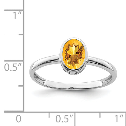 Sterling Silver Rhodium Plated Polished Citrine Oval Ring