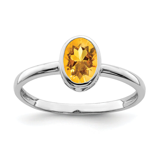 Sterling Silver Rhodium Plated Polished Citrine Oval Ring